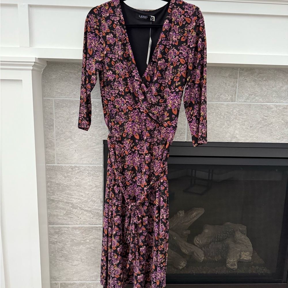 Lauren Ralph Lauren Black and Purple Floral Long Sleeve Dress